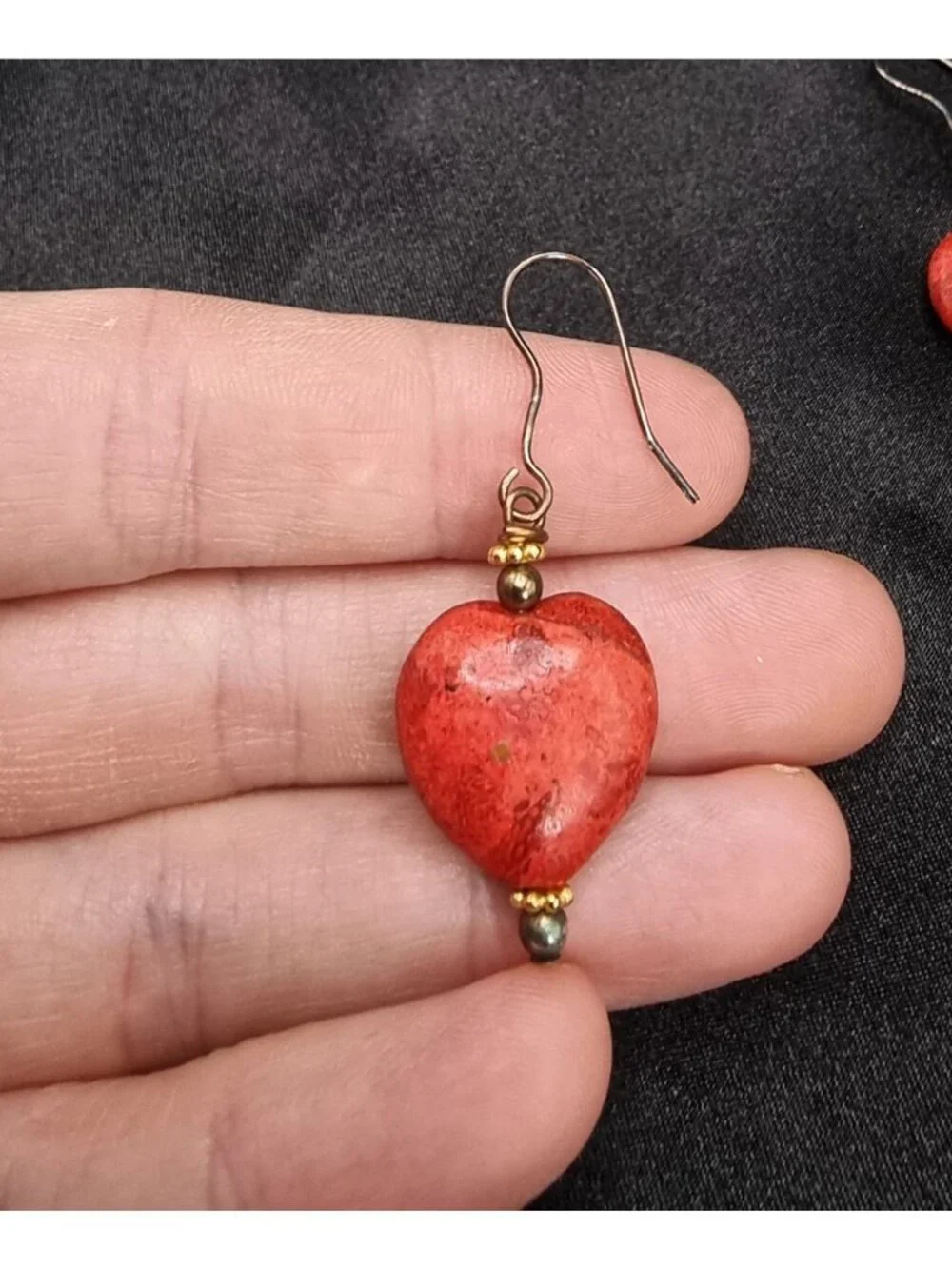 Red Real Coral Heart Drop Earrings - Picture 4 of 4